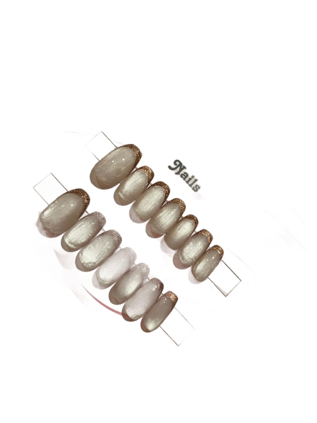 Handmade Cat Eye Press on Nails with Bronze Glitter French Tips | Reusable Shimmer Glue on Nails for Women | Medium Oval Shape. (Set of 10)-image-18