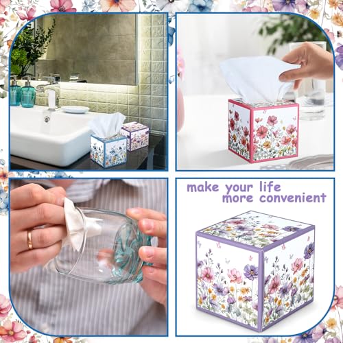 Image of Fourluoo 12 Pack Floral Facial Tissues Cube Boxes, 600 Sheets 3 Ply | Small Square Wildflowers Face Tissues Bulk for Summer Fall Car Bedroom Office Supplies Disposable