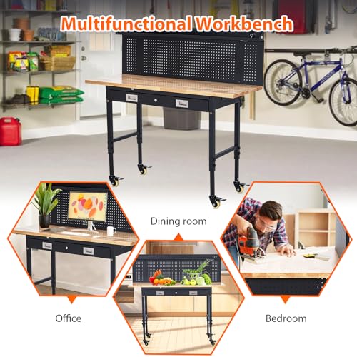 60" Adjustable Height Workbench, Rubber Wood Tabletop Workbench with Pegboard, Storage Drawers, Rolling Work Table with Wheels, Power Outlet, 2000lbs Capacity, Garage Workbench for Workshop