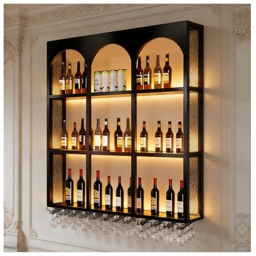 39.3in Wine Mounted Wine Rack with LED Light, 3-Tier Large Bar Shelves with Wine Glass Rack, Floating Bar Shelves, 9-Grid French Arched Retro Design, for Home Bars/Kitchens/Dining Room (Black, 39.3in)
