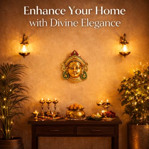 Image of Kalakriti Goddess Durga Face Wall Hanging Navratri Decorative Idol | Golden Finish Beaded Hindu Ambe MATA Bengali Devi Mask for Home Temple, Living Room & Festive Decor (Durga Face)