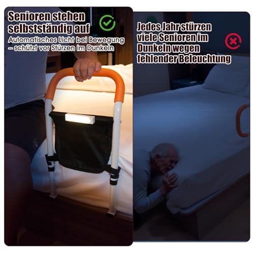 Zelvia Aufstehhilfe Bett für Senioren Höhenverstellbarer Bettgriff mit rutschfestem Handgriff abnehmbarem LED-Sensorlicht mit Tasche Alltagshilfen für Senioren Schwangere Reha Patienten (Orange)