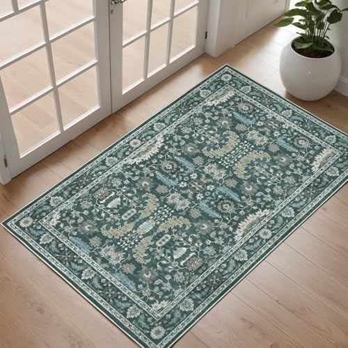 2×3 Washable Small Area Rugs for Living Room, Vintage Soft Rug Non Slip Stain Resistant Carpet for Bedroom Dining Room Kitchen Entryway Home Decor,Dark Green