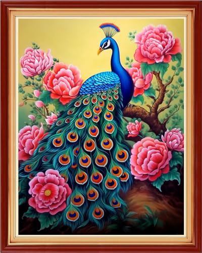 Image of Funchey Stamped Cross Stitch Kits, DIY Cross Stitch Pattern for Adults Beginners Needlepoint Kits Embroidery Kit Arts and Crafts 11CT-Peacock Flowers 16x20 inch