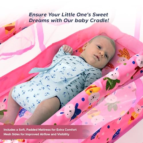 Image of BUBBLEBABY Baby Cradle | Jhula | Baggi | Palna | Ghodiyu | Ventilated | with Swing & Mosquito Net | 0-12 Months | Four Wheels with Brake | Storage | Polypropylene | Safe & Sturdy | Foldable | Pink