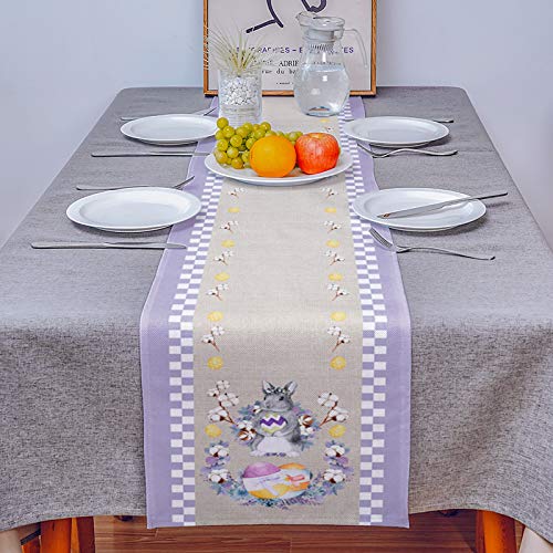 PIEPLE Table Runner-Cotton Linen- Long 70 Inch Holiday Dresser Scarves, Easter Egg Cartoon Spring Rabbit Plaid Tablerunner for Kitchen Coffee/Dining Bedroom Home Living Room Dinner Scarf Décor