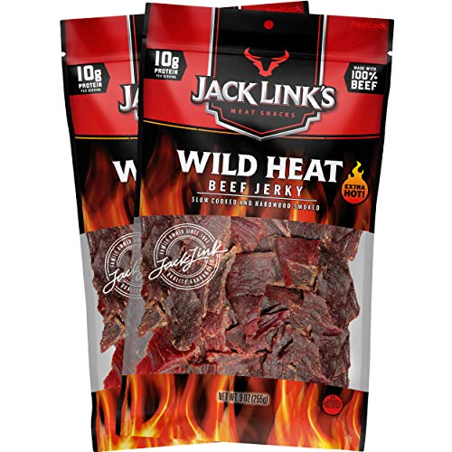 Jack Link s Beef Jerky, Wild Heat, 9 oz. Bags, 2 Count ‚ Spicy Meat Snack, 10g of Protein and 80 Calories, Made with 100% Premium Beef - 96% Fat Free, No Added MSG or Nitrates Nitrites