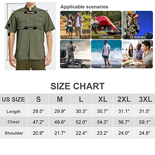 mosingle Mens Short Sleeve Button Down Shirts UPF 50+ Sun Protection Quick Dry Fishing Shirt for Travel Hiking Safari Camping(5018,Army Green-L)