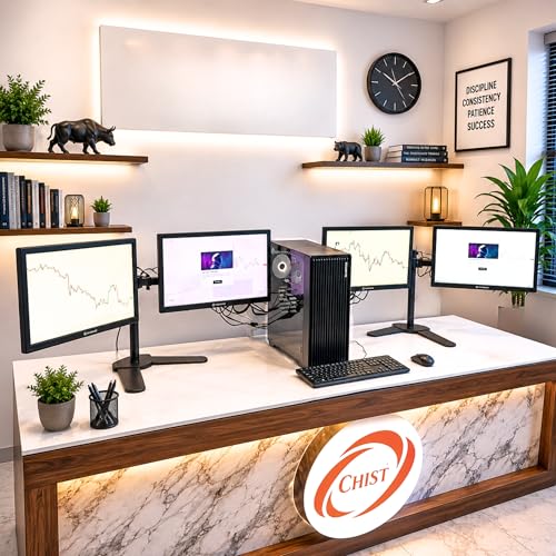 Image of CHIST 4 Display Trading PC | Xeon E5-2686 V4 | 16GB DDR4 RAM | 512GB NVMe SSD | GT 740 4GB 4 HDMI GPU | Windows 11 PRO (4 (Quad) Monitor 22 inch with Mount Stand)