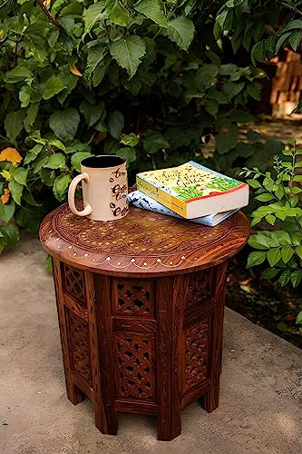 Image of Wood Polished And Furnished End Table /Stool With Antique Polish Multipurpose Coffee Stand Table (Octa Legged, 12 Inches)