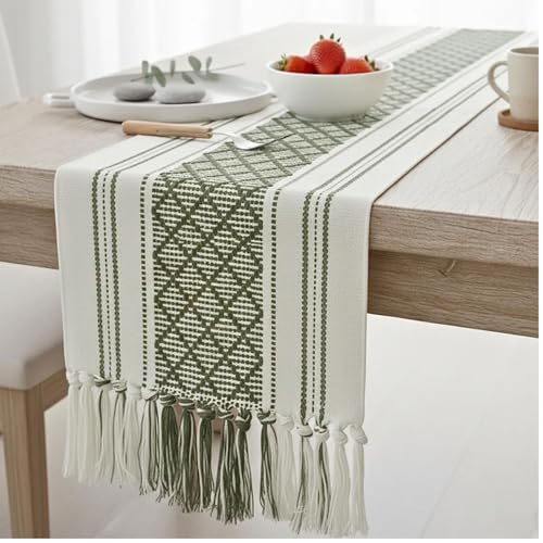 Image of Curated Cart Boho Table Runner 13x70 Inch with Tassels - Cotton Table Runner for 6 Seater Dining Table, Centre Table Runner for Living Room, Farmhouse Dining Table Decor (Green)