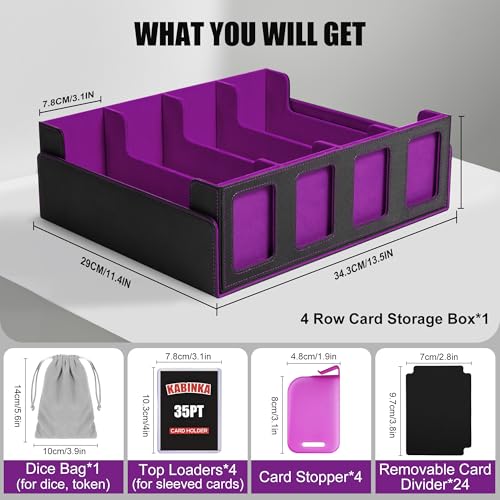 Image of Trading Card Storage Box with Commander Display , 4-Row Deck Case with Removable Lid; 2400+ Card Deck Box for MTG TCG Sports Card, 4 Top Loaders, 4 Stoppers, 24 Dividers,1 Dice Bag (Black Purple)