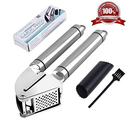 Heim & Elda Garlic Press, Heavy Duty Stainless Steel Kitchen Garlic Mincer and Crusher with Silicone Tube Roller Peeler, Rusting-proof and Dishwasher Safe