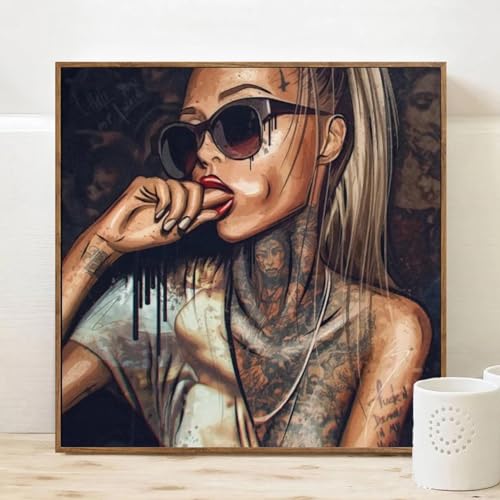 Toile peinture graffiti portrait de fille cool 60x60 cm art moderne sur cadre