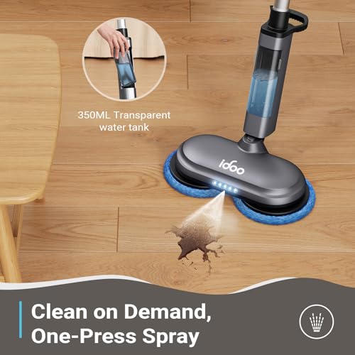Image of iDOO Cordless Electric Mop, Rechargeable Spin Mop with Water Spray & LED Headlight, Quiet Self Propelled Floor Cleaner, Lightweight Floor Scrubber for All Floors