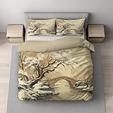 Set Copripiumino Singolo 135 x 200 cm 1 Federa - Beige Chiaro Morbido Set di biancheria da letto di Alta Qualità, Stile Orientale Pittura A Inchiostro Inverno Parure Copripiumino con Stampa Digitale