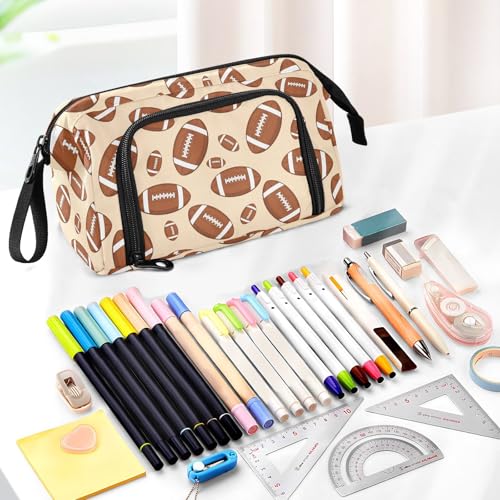 Image of Sports Football Khaki Print Pencil Case Pouch Big Capacity Pencil Bag Box Organizer Pen Case with Compartmens Stationery Organizer for Girls Boys Women School College Office