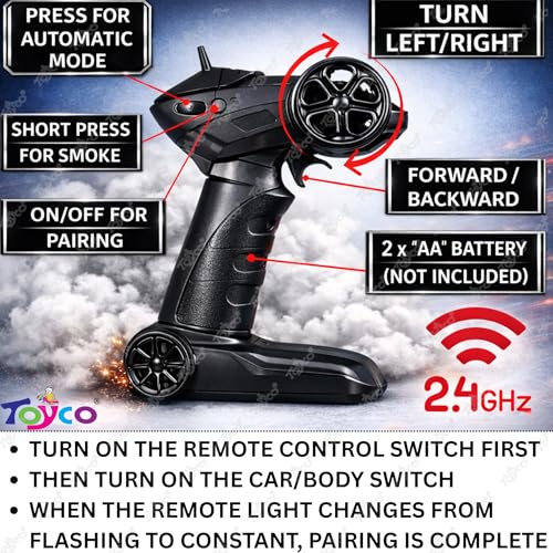 Image of toyco Remote Control Car Toy for Kids with Real Smoke Effect & LED Headlights | High Speed Rechargeable 2.4GHz RC Drift Cars 75+ ft Range & Auto Mode | Big Size Drifiting Car for Boys Girls 4+