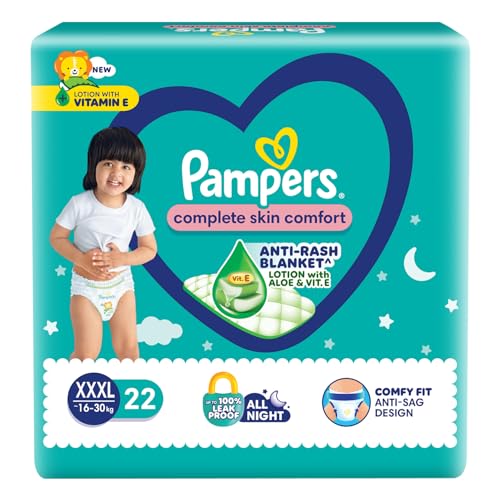 Image of Pampers Complete Skin Comfort Pants Style Baby Diapers, XXX-Large (XXXL) Size, 22 Count, Anti Rash Blanket, Lotion with Aloe Vera, 16-30 kg (Pack of 3)