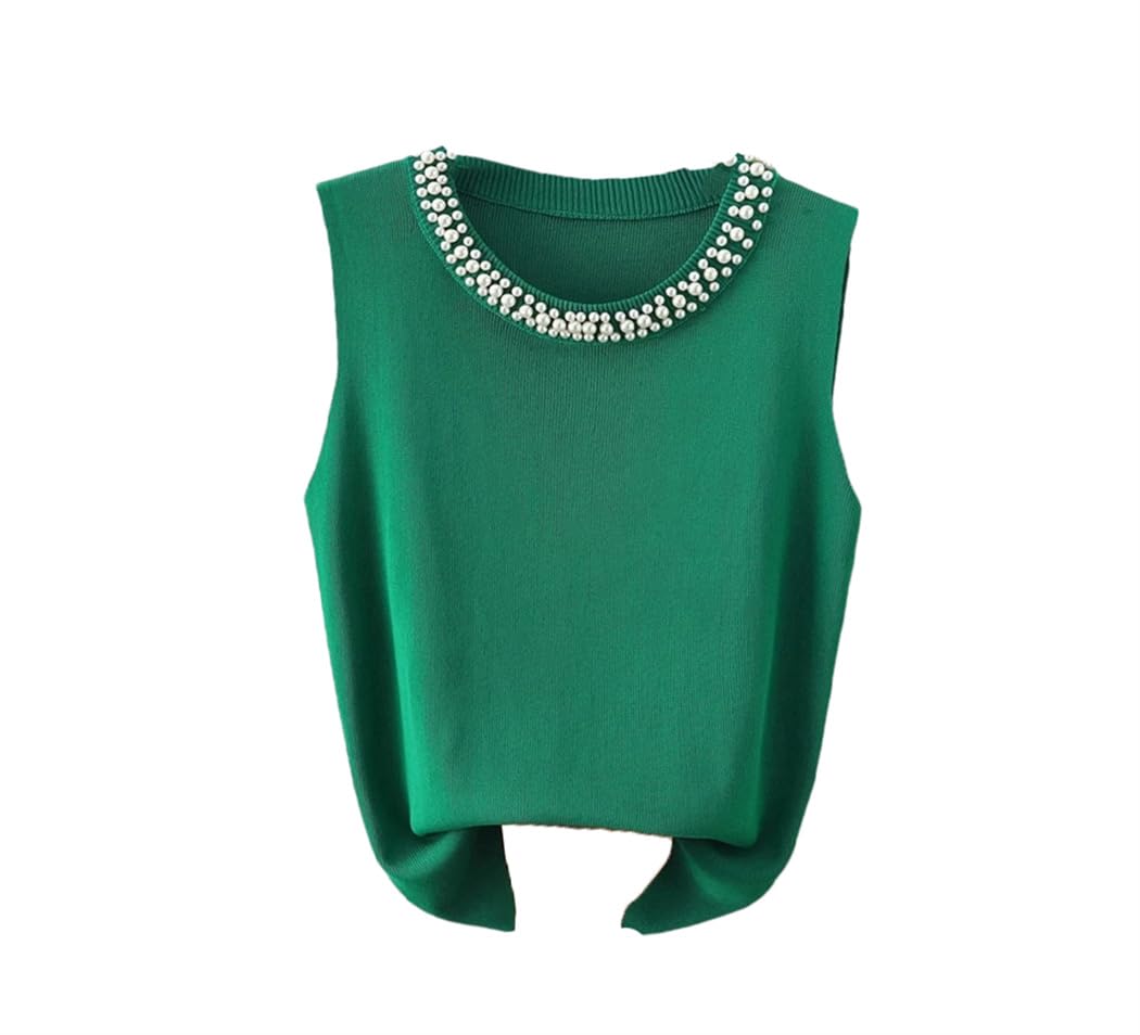 Womens Beadeding Knitted Vest Solid Sleeveless Thin Korean Casual Cropped Layered Tops