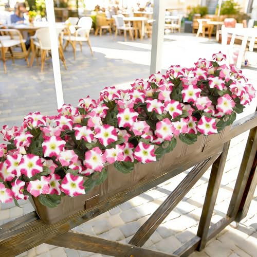 Image of Artificial Flowers for Outdoors, Faux Petunias Spring Summer Decoration, Fake Flowers Plants UV Resistant Look Real Silk Flowers for Outside Planter Front Door Porch Patio Yard (6, Pink-White)