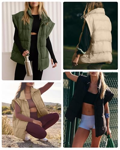Polu Womens Puffer Vests Oversized Outerwear Vests Stand Collar Sleeveless Padded Down Jackets with Pockets3