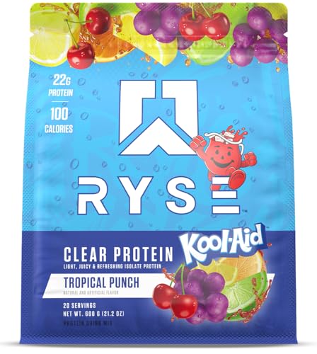 Ryse Clear Whey Isolate Protein Powder - Kool-Aid Tropical Punch - 22g Fast-Digesting Whey Protein - Light Juicy & Refreshing - 100 Calories Zero Sugar Zero Artificial Colors - 20 Servings Bag