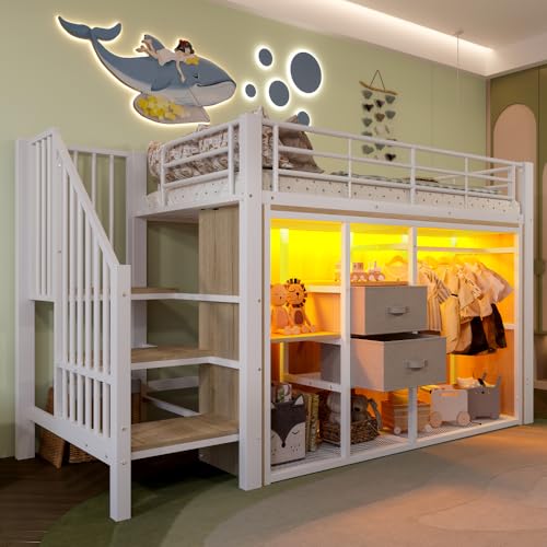 Biqzuya - Cama entrepiso de metal, 90 x 200 cm, con cómoda, litera con vestidor abierto, cama infantil con iluminación LED, multicolor y almacenamiento integrado (blanco 90 x 200 cm)