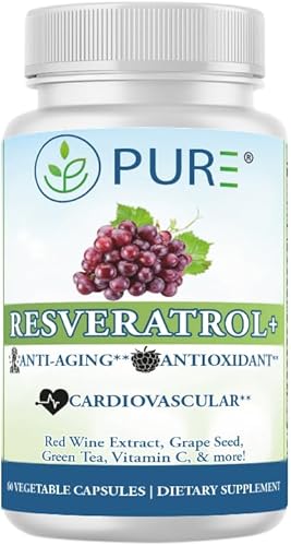 PURE Resveratrol Plus 605 mg con complejo de polifenoles 725 mg, vitamina C 120 mg, 60 cápsulas vegetarianas, 30 porciones. Trans-resveratrol,