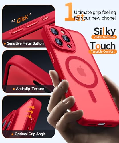 Image of CANSHN Magnetic Compatible with iPhone 16 Pro Case, Upgraded [Full Camera Protection] [Compatible with Magsafe] [Translucent Matte] Shockproof Protective Phone Case Cover 6.3 Inch - Red