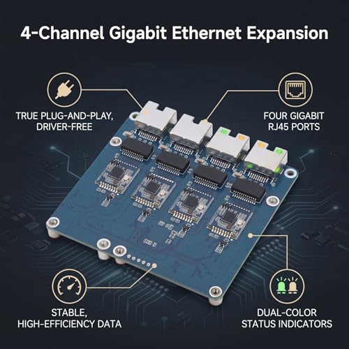Yunseity PCIe to Gigabit ETH Board, tarjeta de expansión Ethernet de 4 puertos para RasPi 5 con chipset RTL8153 miniatura 5