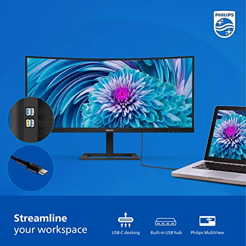 Philips 346E2Cuae 34" Curved Frameless, Ultrawide Qhd 3440X1440,100Hz, 121% Srgb, 1Ms Mprt, Usb-C Charging, Multiview Pip/Pbp, Height Adjustable, 4Yr Advance Replacement, Black #TOP7