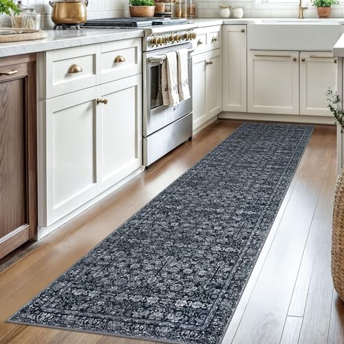 2x8 Black Washable Runner Rug for Hallways, Soft Classic Kitchen Rugs with Non-Slip, Non-Shedding Distressed Floral Carpet for Hallways Entryway Bedroom Bathroom Laundry Indoor