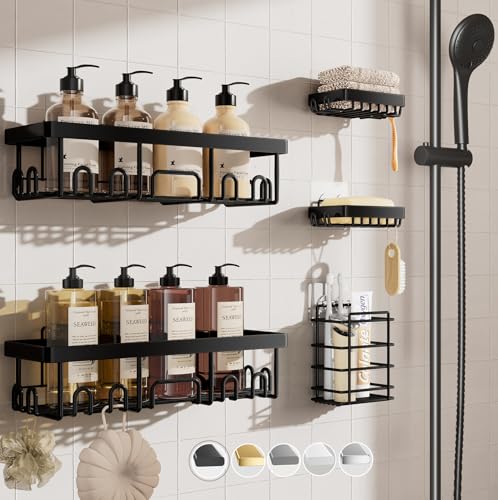Veken Rustproof & Waterproof Shower Caddy 5-Pack, No Drilling Adhesive Wall Mounted Shower Shelves Rack, Heavy Weight Bearing, Large Organizer Storage Accessories, Ideal for Bathroom, Home & Kitchen