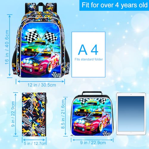 Image of AGSDON 3PCS Car Backpack for Boys, 16 inch Little Kids Preschool Bookbag, Elementary Backpacks and Lunch Box - Red