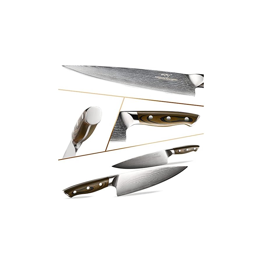 Kitchen-Damascus-Knife-Set-9-Piece-Kitchen-Knife-Set-with-Block-Non-slip-G10-Ergonomic-Triple-Rivet-Handle-for-Chef-Knives-Knife-Sharpener-and-Kitchen-Shears-Natural-Wood-Block-Black Kitchen Damascus Knife Set, 9-Piece Kitchen Knife Set with Block, Non-slip G10 Ergonomic Triple Rivet Handle for Chef Knives, Knife Sharpener and Kitchen Shears, Natural Wood Block (Brown/Grey)