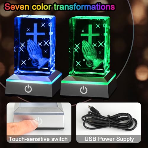 Image of 3D Praying Hands Crystal Night Light with Multicolor LED Base Glass Laser Engraved Cross Figurine Religious Christian Gifts for Men Women Birthday Christmas Room Home Decor