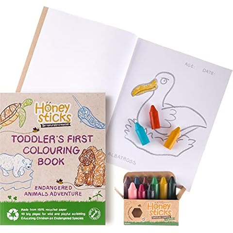 Honeysticks 100% Natural Beeswax Crayons and Colouring Book Pack - Large, Easy to Hold, Non Toxic Crayons (12 Pack) PLUS a Premium Quality Bound Colouring Book. Wonderful Gift for Toddlers Cover