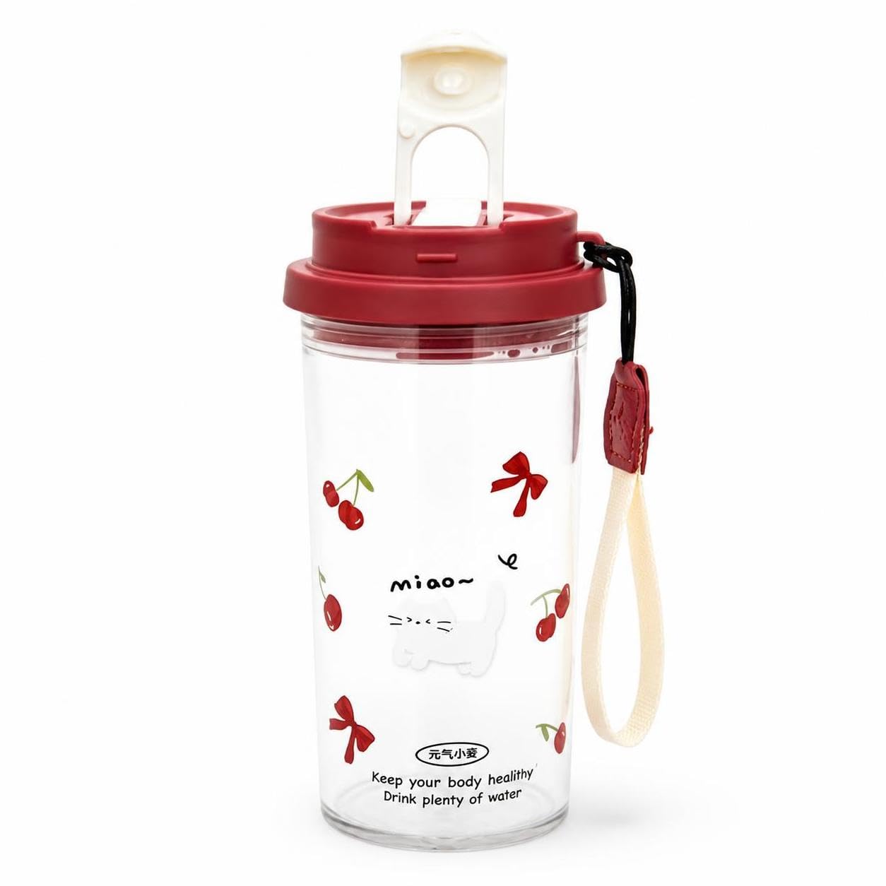 Clear Water Bottle 600ml, Cartoon Pattern with Straw and Handle for School