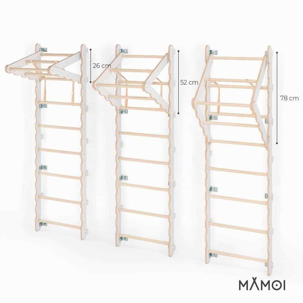 MAMOI® Espalderas Gimnasio para casa (L/XL/XXL) y aditivos | Espaldera Gimnasio de Madera Yarnwood | Espalderas Gimnasio de Interior diseño Moderno | Escalera Sueca | Barra Gimnasia | 100% Eco