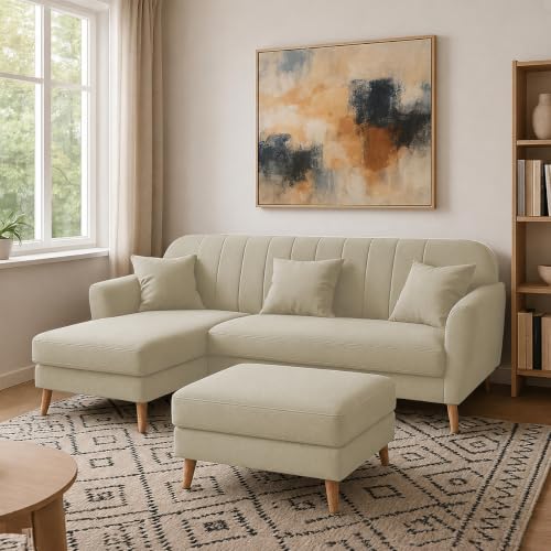 Image of Atticus LHS 4 Seater L Shape Sofa Set with Ottoman for Living Room (Cream Fabric) Premium Fabric Sofa Set