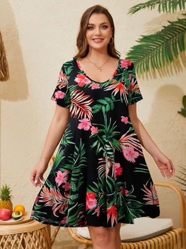Image of ZENNILO Women's Plus Size Swing Dress with Pockets Casual Summer Dresses V Neck Short Sleeve T Shirt Dress for Women
