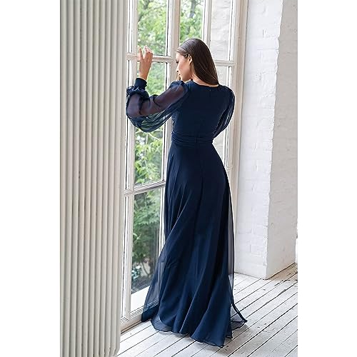 Long Sleeve Bridesmaid Dresses for Women V-Neck Formal Dress Pleated A Line Chiffon Evening Prom Gown3