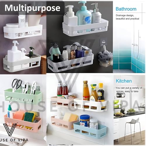 Image of House of VIPA Plastic Bathroom Shelf for Wall, Self-Adhesive Bathroom Organiser with Towel Holder, Ideal Bathroom Accessories for Efficient Space Utilisation (Bath Shelf, 2 Pack), Multicolor