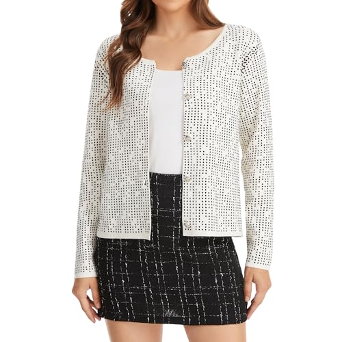 Froggirl Womens Long Sleeve Round Neck Button Down Cardigan Sweater with Sparkle Rhinestone Elegant Knit TopWhiteL