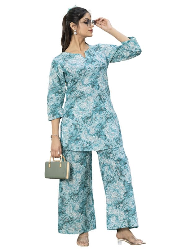 Tee Projekt Cotton Ethnic Wear Co Ord Set For Women | Festive Co Ord Set For Women Sky Blue