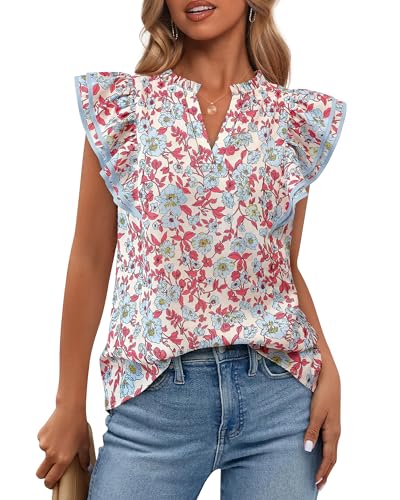 BTFBM Women Dressy Casual 2025 Summer Shirts Boho Floral Notched V Neck Ruffle Cap Sleeve Tops Business Work Blouses