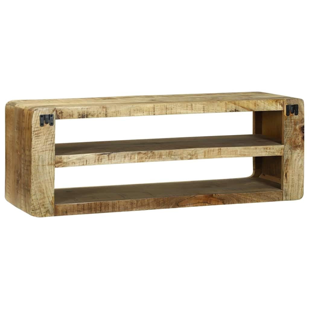Mueble bajo para TV (madera maciza, mango marrón, 100 x 32 x 36 cm) | Mueble bajo resistente para sala de estar con dos compartimentos abiertos para dispositivos multimedia y decoración.