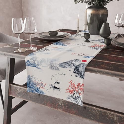 Image of Chinese Ink Mountain Table Runner,Zen Style Oriental Art Linen Table Decor with Blue Landscape & Red Trees for Buffet, Wedding Reception, Home Decor, Durable & Washable 13x90 Inch