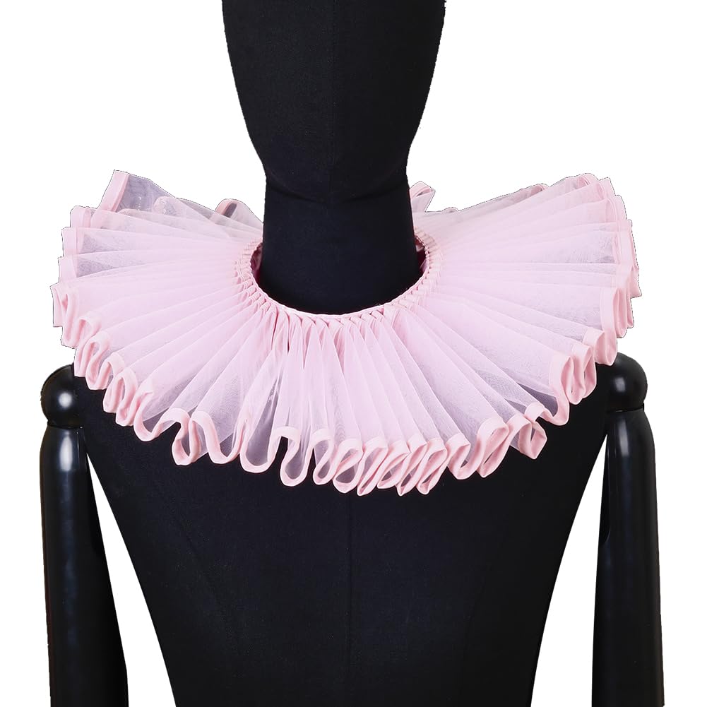 CABODYALS Pink Gathered Tulle False Collar Vintage Victorian Renaissance Medieval Detachable Lace Up Ruff Pleated Transparent Organza Cape Clown Neck Collars for Clothing Accessories Costumes Cosplay